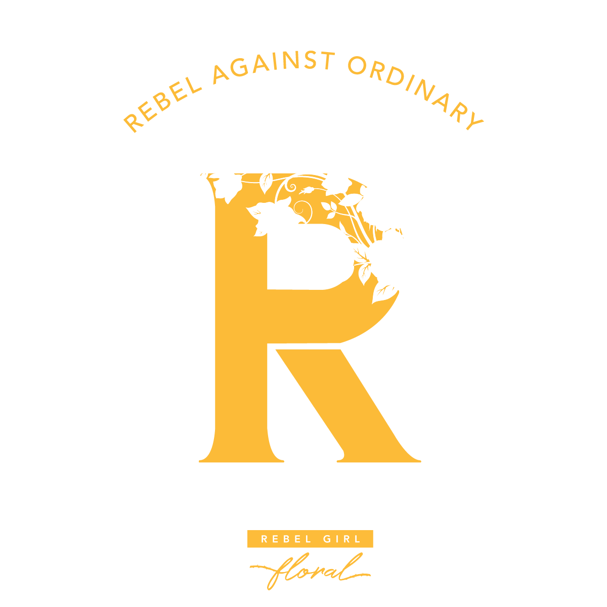 Rebel Girl Floral Logo Large R with white & transparent flowers, Rebel Against Ordinary