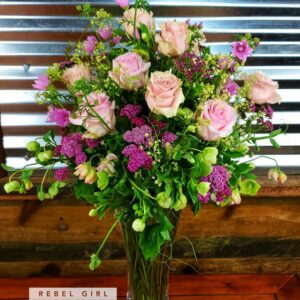 12 (1 Dozen) Peach Roses Elegantly arranged in a tall Glass vase with fresh accents and greens