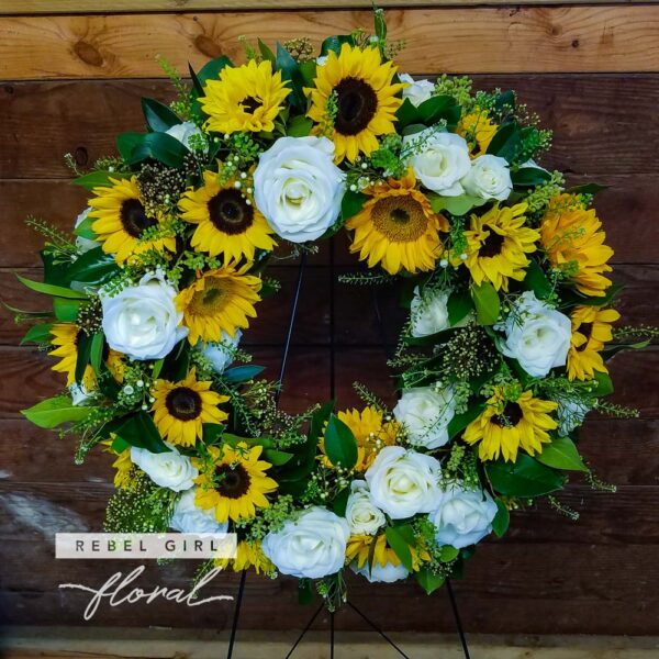 Yellow and White Florals in a sympathy Wreath