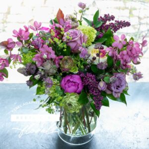 Day Break Flower Arrangement created with unique purple and dark pink flowers, Flowers delivered to Edina Minnesota