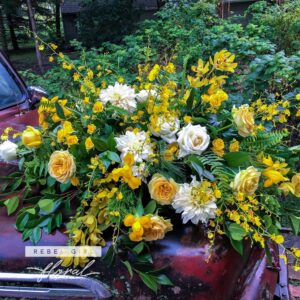 Funeral Casket Spray Eternal Light, White & Yellow Flowers